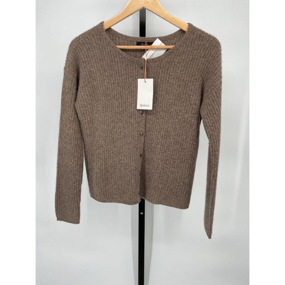 Quince Women 100% Yak Soft Rib Crew Cardigan Sleeved Top Brown XS